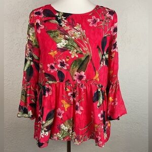 Women’s Cupid Hot Pink Bell Sleeve Babydoll Floral Top Size Medium